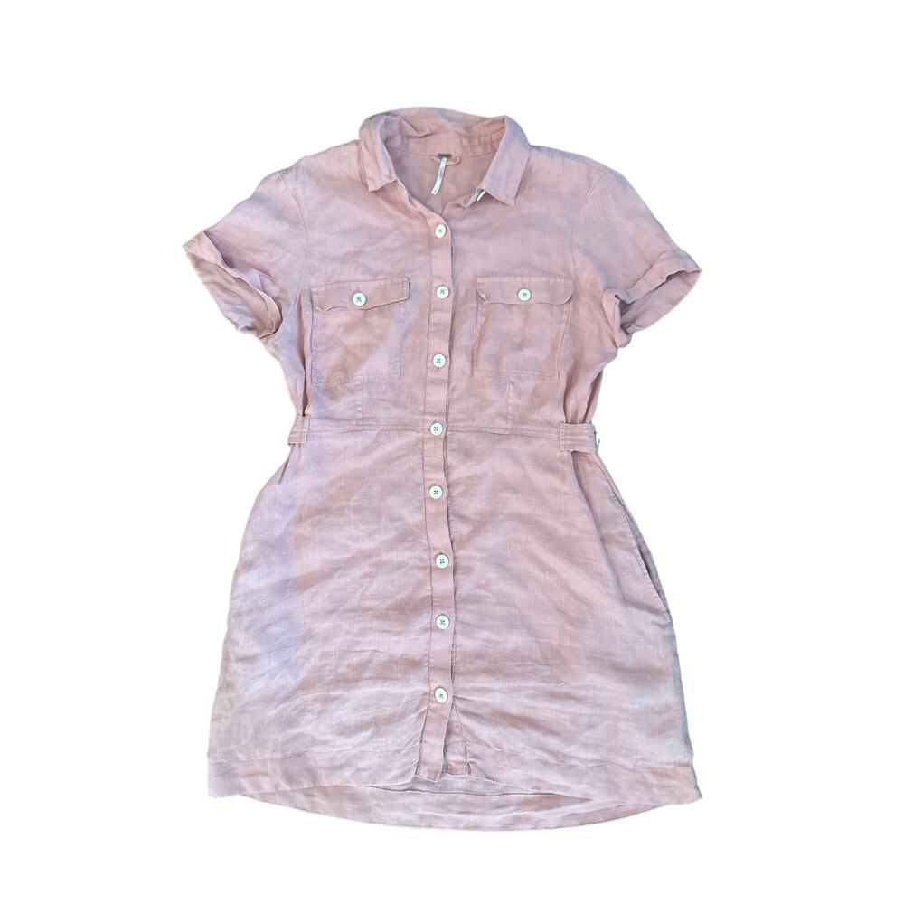 Women S Free People Short Slv Button-Down Cotton Pink Shirt Dress Sydney Tunic